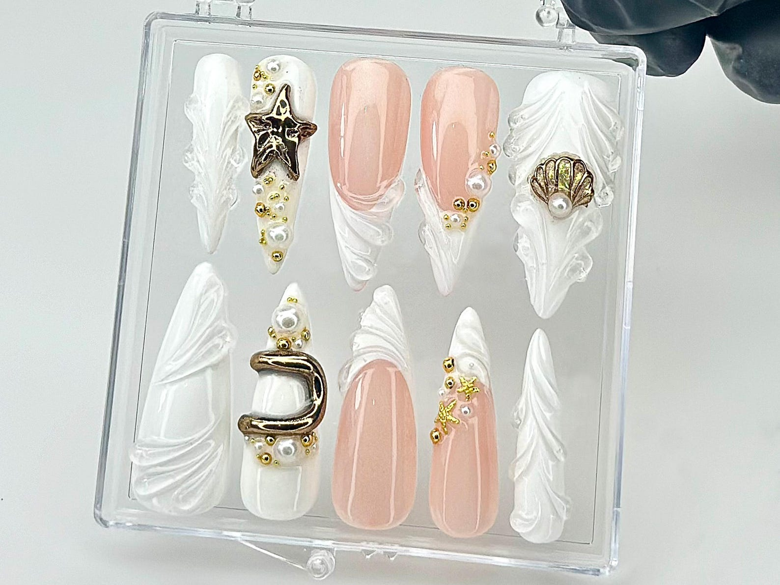 Pearl Starfish Shell Press On Nails by dorynail | Ocean Theme 3D Press Ons | Mermaid Bride Fake Nails | Pearl Bridal Nail Art | HC849YC