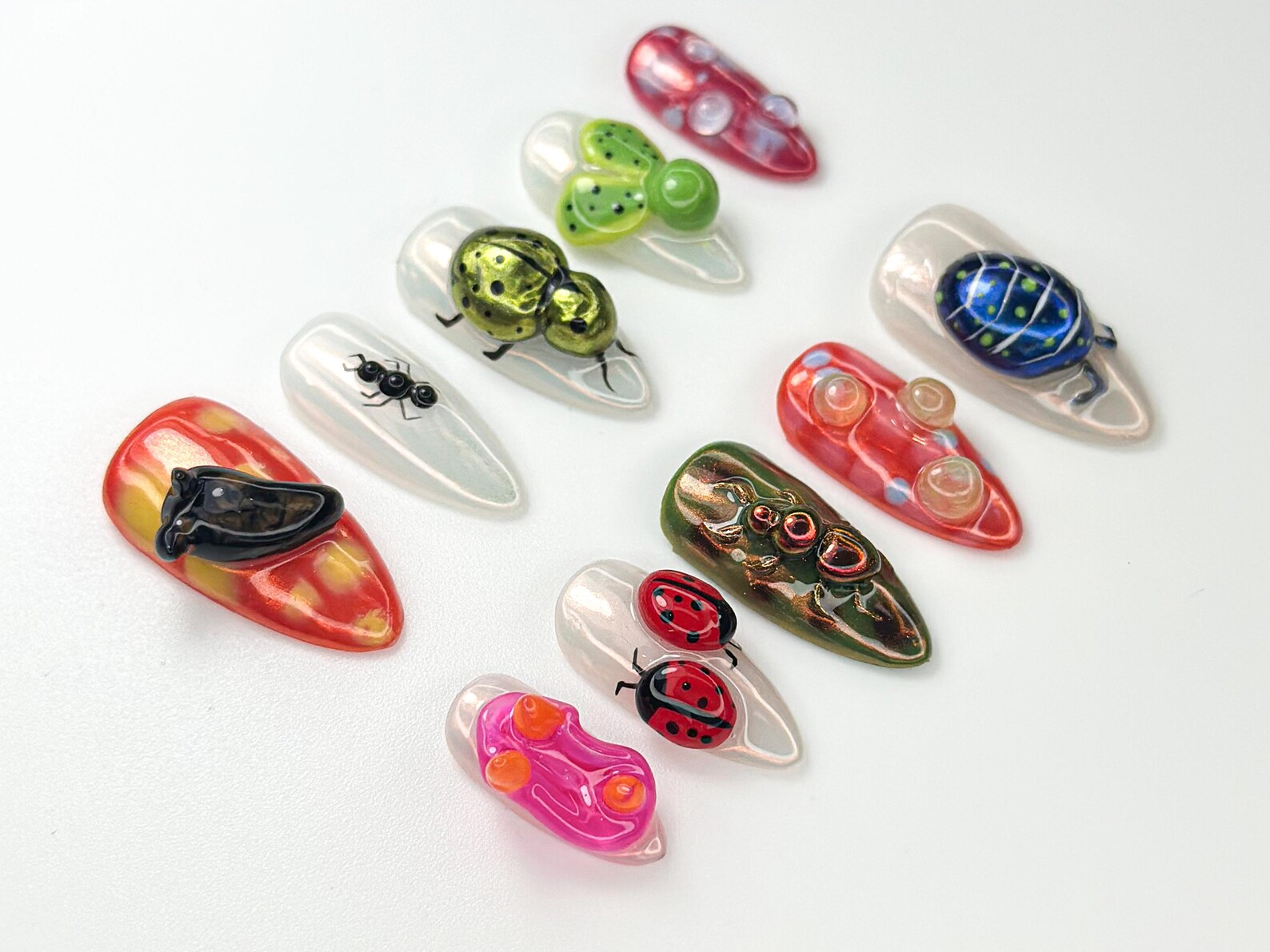 Creepy Cute Insect Press On Nails | 3D Bug Nail Art | Halloween Spider Ladybug Beetle Nails | Funky Mixed Bug Design| Bold Nail Set |JB970HK