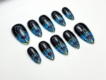 Stained Glass Heart Press On Nails | Blue Black Gothic Nail Art | Hand Painted Window Glass Design | Red Heart Accent Nails | JC846HC