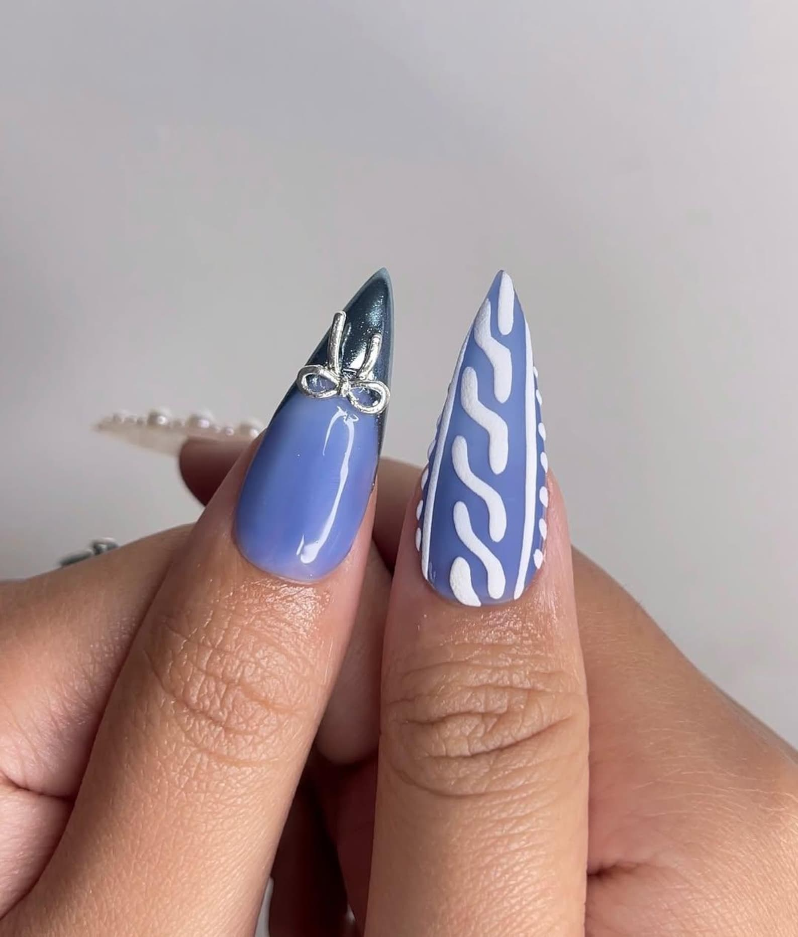 Frosted Winter Elegance Christmas Nails | Icy Blue Chrome Nail Art | Pearl Snowflake Design | Winter Wonderland Nails | Luxury Nail|HB1199HK