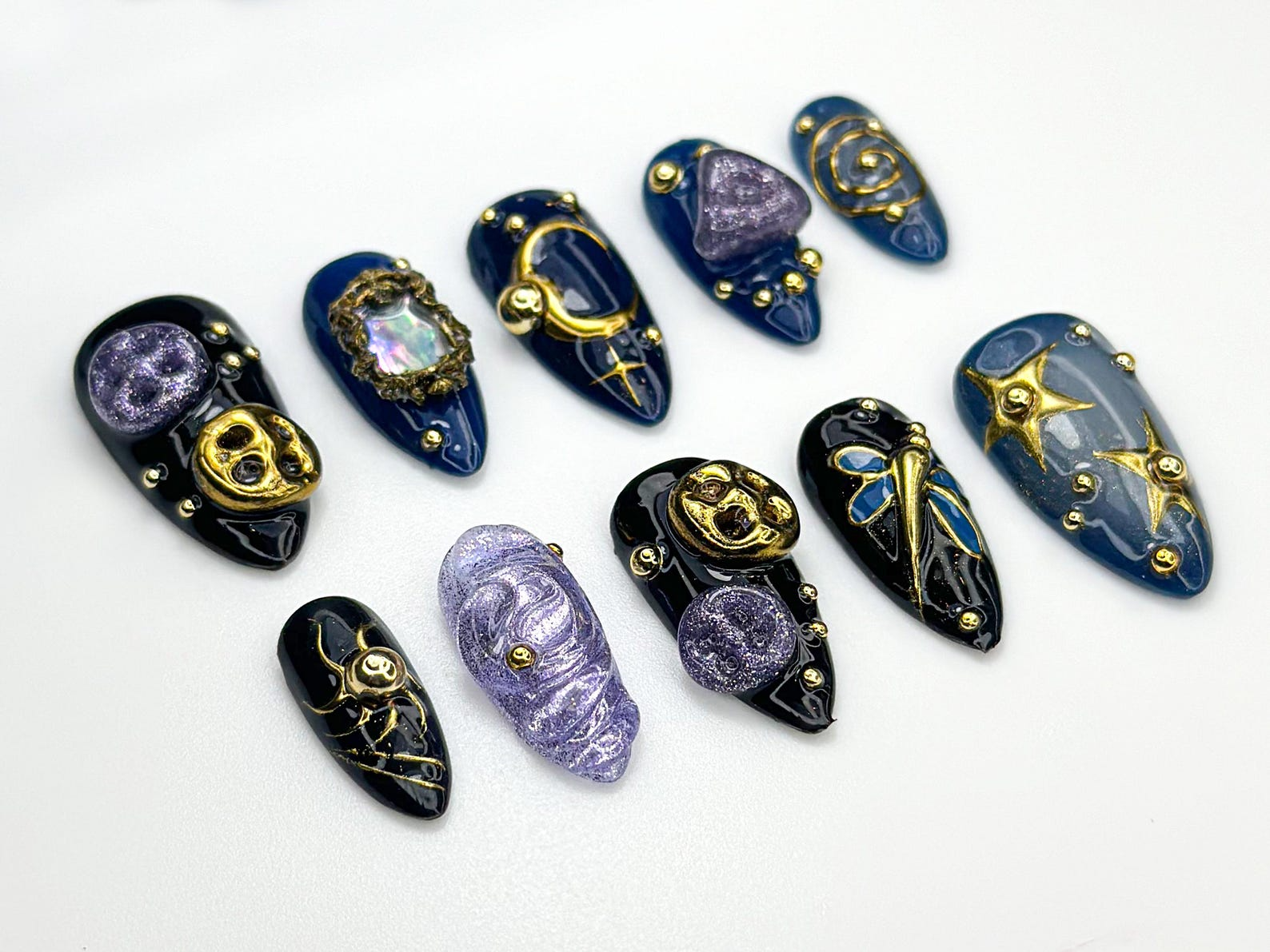 Cosmic Galaxy Press On Nails | Celestial Moon Star Nail Art | Dark Blue & Gold Mystical Nails | Opal Constellation Nail Design | JC860H