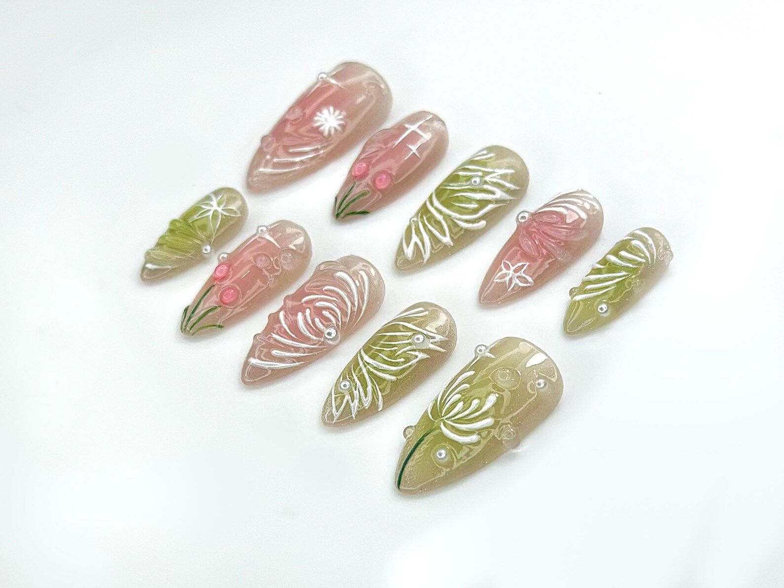Dewdrop Meadow Press On Nails | Pastel Green & Pink Shimmer | Hand-Painted Floral Line Art and Crystal Accents | JB987EK