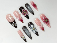 Elegant Red Floral Press On Nails | 3D Red Blossom Nail Set | Elegant Spring Nails | Glossy Floral Nail Set | Dark Glam Nails | JC756HC