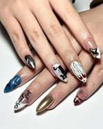Star Girl Gothic Press On Nails | Cyber Y2K Chrome Nails | Black & Gold Star Nails | Gothic Cat Press Ons | Edgy Rockstar Nail Art | JC341IC