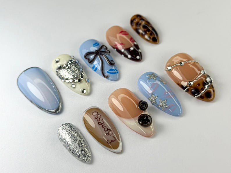 Modern Espresso Coffee Press-On Nails | Glitter, Glam Espresso Nails | Coffee, Leopard & Bow Designs | Luxury Espresso Aesthetic | JC713HC