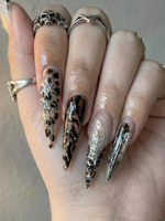 Press On Nails Adhesive Tabs ?M?Black Silver Chrome Abstract Art Long Stiletto Handmade Fake Nails for Gothic Futuristic Look
