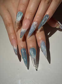 Icy Blue Ocean Press On Nails | Blue Stiletto Nails for Women | Clear French Tip Crystal Nails | Bridal Luxury Nails| Elegant Nails|HC1277HC