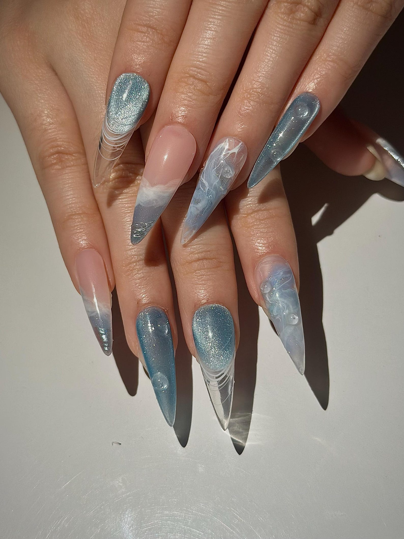Icy Blue Ocean Press On Nails | Blue Stiletto Nails for Women | Clear French Tip Crystal Nails | Bridal Luxury Nails| Elegant Nails|HC1277HC