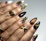 Golden Eclipse Glam Press On Nails | Metallic Brown Cat-Eye Gradient | 3D Gold Floral & Gem Accents | Luxury Handmade Nail Art | JB148EC