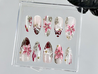 Elegant 3D Floral Press On Nails | Burgundy Pink Silver Nail Art | Silver Chrome Detailing Fake Nails | Luxury Nails | Prom Nails | HB867YK