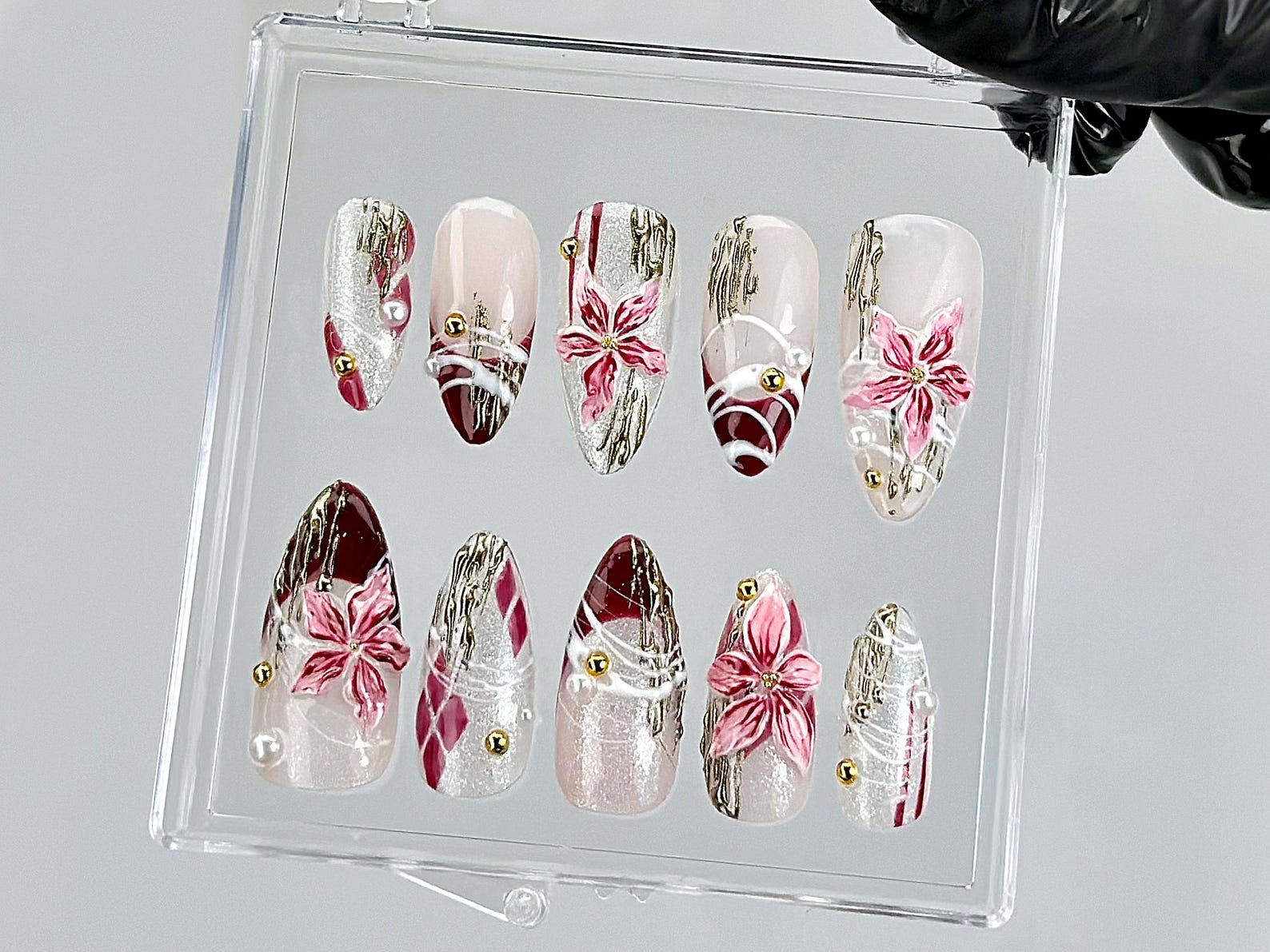 Elegant 3D Floral Press On Nails | Burgundy Pink Silver Nail Art | Silver Chrome Detailing Fake Nails | Luxury Nails | Prom Nails | HB867YK