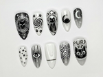 Cosmic Black Cat Press On Nails | Gothic Cat Nail Art | Moon Star Astrology Nails | Witchy Black White Press Ons | Mystic Nail Set | JB263H
