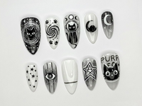 Cosmic Black Cat Press On Nails | Gothic Cat Nail Art | Moon Star Astrology Nails | Witchy Black White Press Ons | Mystic Nail Set | JB263H