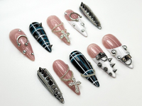 Punk Cross Chain Press On Nails | Gothic Plaid Nail Art | Spiked Pierced Punk Nails | Black White Silver Press Ons | Edgy Nail Set | JC864HK