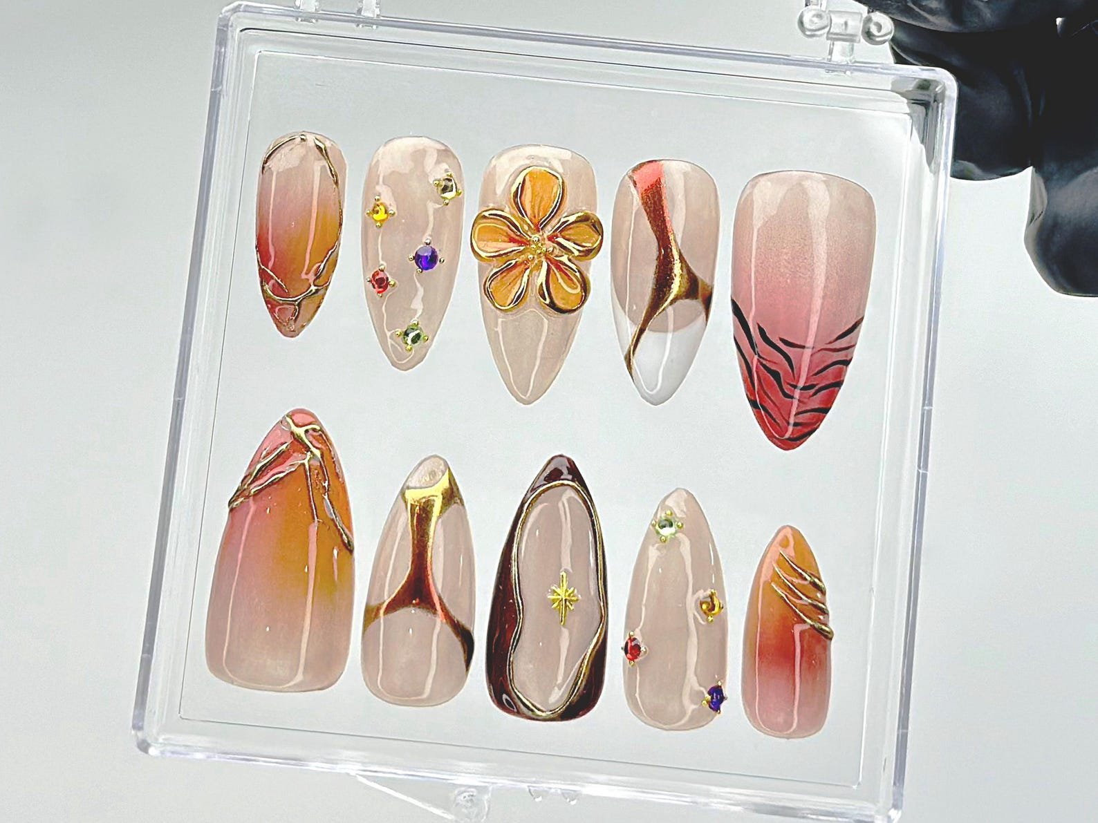 Sunset Gold Press On Nails | Warm Ombre Floral Nail Art | Bronze & Orange Fake Nails | Shiny Sunset Ombre Nail Polish |Classy Nails |HC886YC