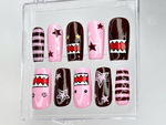 Kawaii Pink Monster Press On Nails | Domo Character Nail Art | Pink & Brown Cartoon Nails | Cute Star Stripes Nails | Handmade Nails|HC970DC