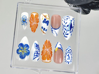 Porcelain Blue Floral Press On Nails | Oriental Ceramic Fake Nails | Orange Blossom Nail Art | Butterfly Citrus Nails | Luxury Nails|HB903YK