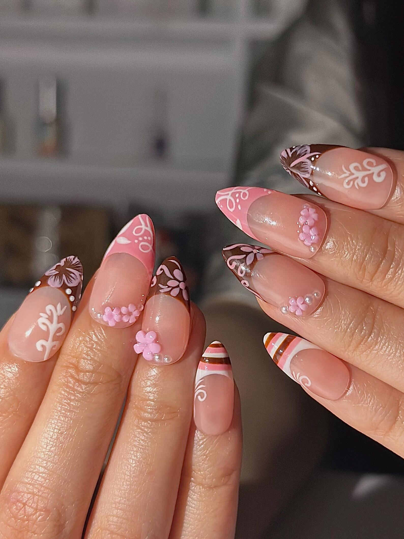Pink Brown Floral Press On Nails | Cute Pink Nail Art | Sweet Dessert Inspired Nails | 3D Flower Nail Set | Handmade Press Ons | HC1298HK