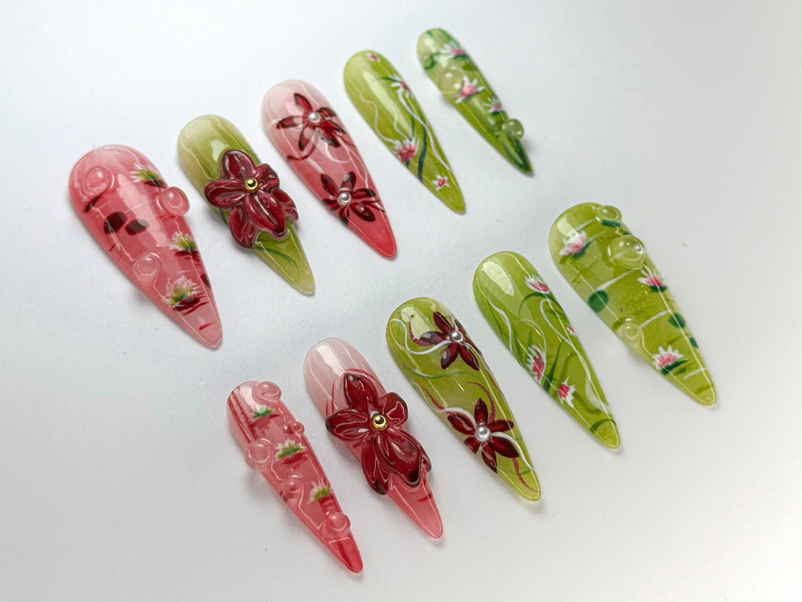 Spring Bloom Press-On Nails | Handmade Lotus Blossom Nail Set | Pink & Green Lotus Nail Art | Nature-Inspired Nails |JC720HC