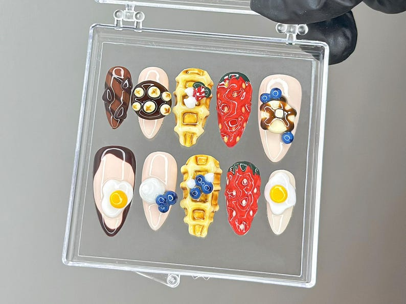 Kawaii Brunch Press On Nails | 3D Food Nail Art | Strawberry Waffle Press Ons | Funny Food Fake nails | Egg & Strawberry Nails | HB955YC