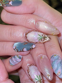 Custom Floral Coquette Nails, Soft Jade and Pearl Shimmer Press Ons, Hand-Painted Tulip Design, Romantic Aesthetic Reusable Nails, HB1285HK
