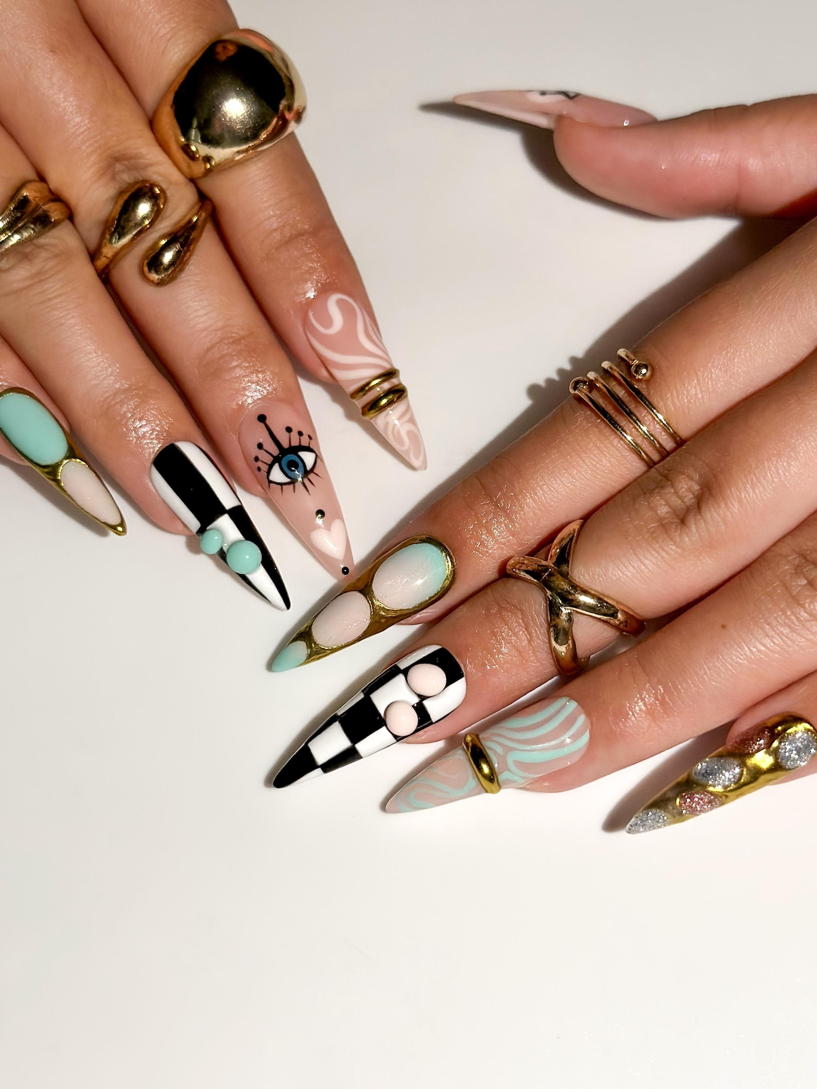 Gilded Luxury Colorful Press On Nails | Eye Art Gold Ring Nails | Handmade Nude Stiletto Nail Art | Luxury Statement Press Ons | JB302EC