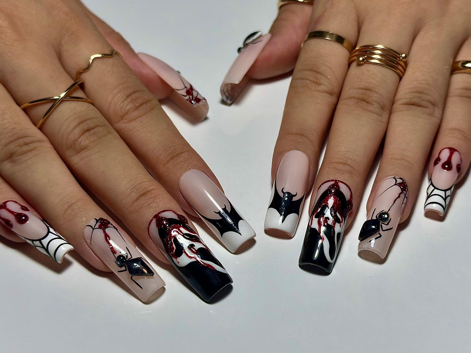 Gothic Spider Web Press On Nails | 3D Black Widow and Blood Drip Art | Scream Ghost & Webbed Bat Design | Halloween Horror Nail | JB980EC
