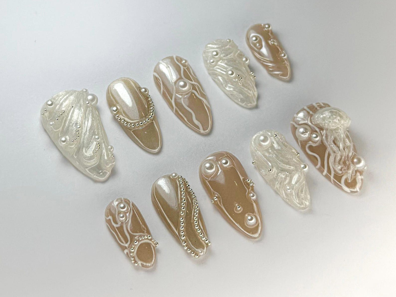 3D Pearl Jellyfish Press-On Nails | Ocean-Inspired Pearl Nail Set | Elegant Nude & Pearl Nail Art | Classy Ocean Nail | Ocean Theme| JB721HC