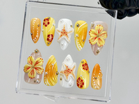Tropical Summer Press On Nails | 3D Flower & Starfish Fake Nails | Beach Vibes Nail Art | Orange Yellow Floral Press Ons | Summer | HB881YK