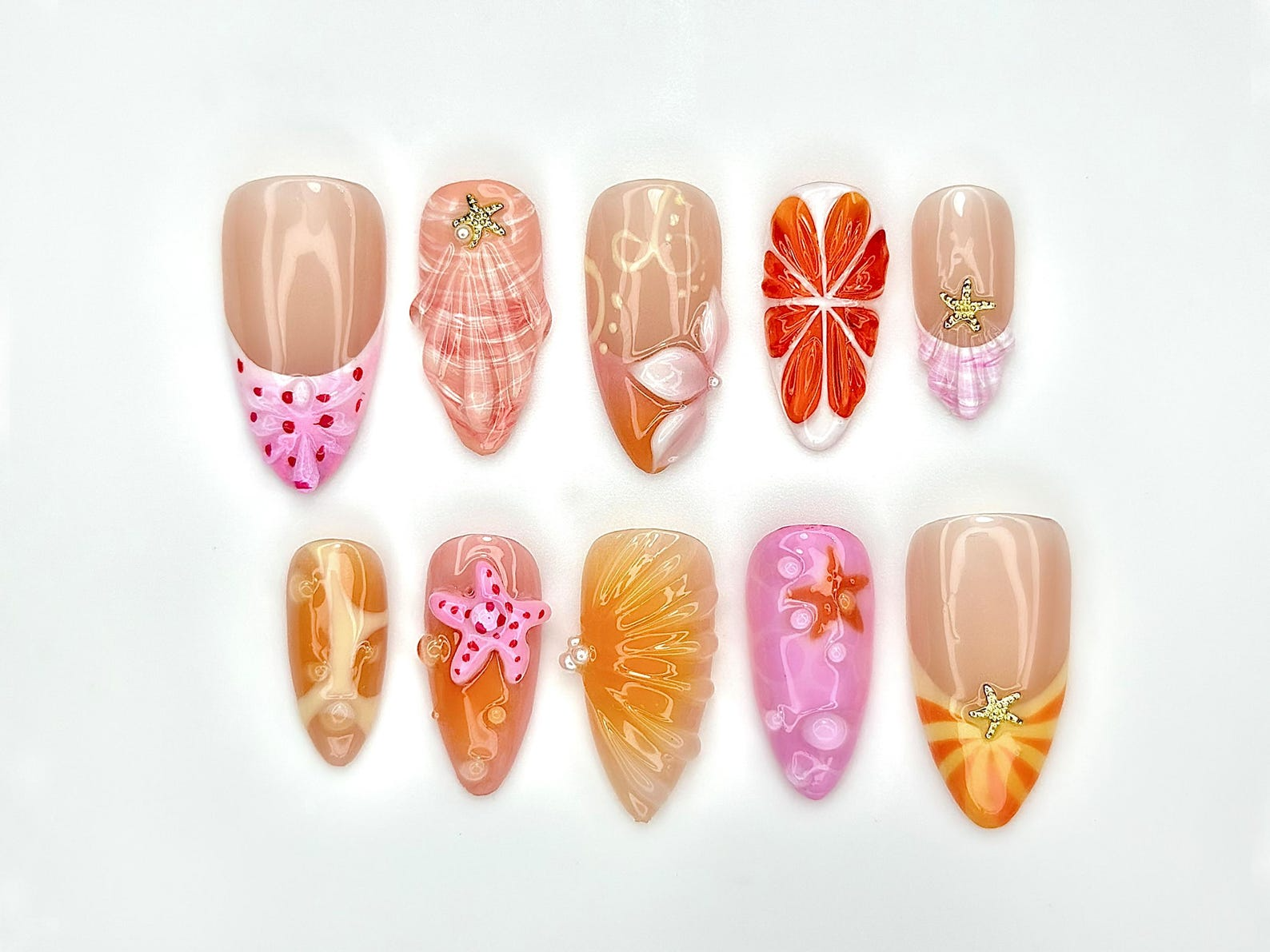 Combo Summer Vibes Press On Nails | 3D Tropical Fruit Nail Art | Handmade Kiwi, Watermelon & Citrus Nails | Beach Vacation Nail Set