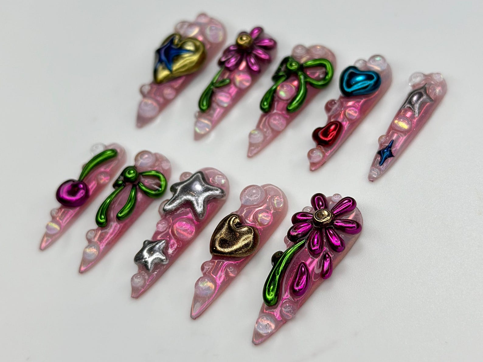 Metallic Bubble Press On Nails | 3D Y2K Chrome Star Heart Nails | Funky Cute Cherry Bow Nail Art | Iridescent Pink Press On Set | JB815HK