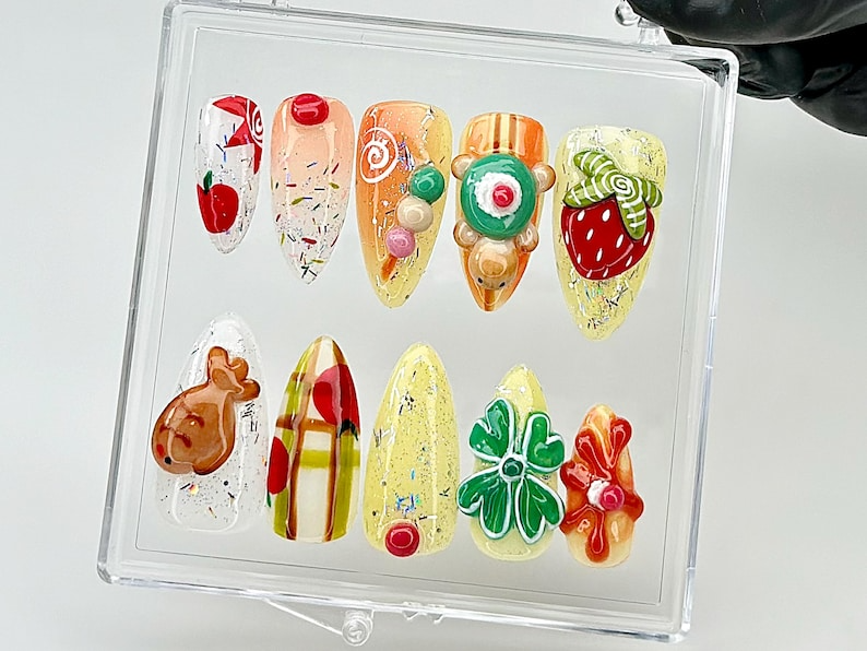 Cute Food Theme Press On Nails by DoryNails | 3D Fruit, Candy Press Ons | Food Theme Fake Nails | Unique Food Nails |Festival Nails |HB855YC
