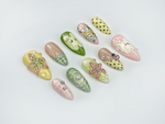 Green Garden Press On Nails | 3D Floral Accents, Ladybug Charms & Whimsical Pastel Nail Art | Handmade Nature-Inspired Nail Set | JB123EC