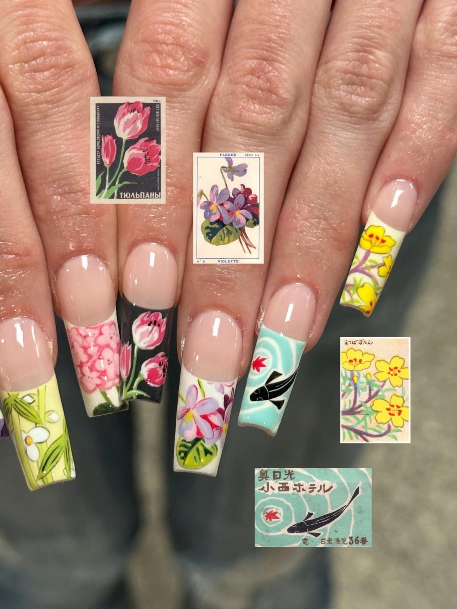 Handmade Vintage Botanical Press On Nails, Japanese Floral Garden Fake Nails, Unique Retro Flower Pattern Nails for Special Events | JB305HK