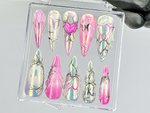 Chrome Pink Heart Press On Nails By DoryNails | Y2K Silver Mirror Design Fake Nails | Iridescent Butterfly Nail Art | Girly Nails| HC817Y