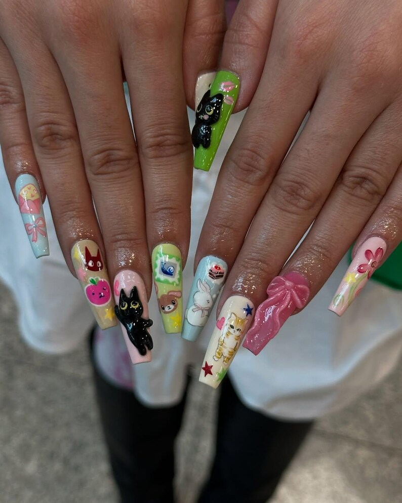 3D Kawaii Cat Press On Nails | Pastel Cartoon Fake nails | Cartoon Cat Bunny Nail Art | 3D Cute Animal Kawaii Nails | Pastel Nails | HB939YC