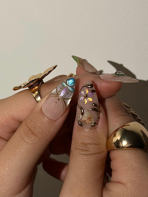 Baroque Angel Press On Nails for Vintage Lovers | Angel Art Nude Nails | Gold Scroll Luxury Press Ons | Antique Aesthetic Nails | DB1009HC