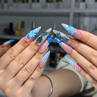 Blue Ocean Press On Nails with 3D Flower and Gold Detail | Marble Coastal Nails in Almond Shape | Summer Vacation Nails for Beach | HC1309NC