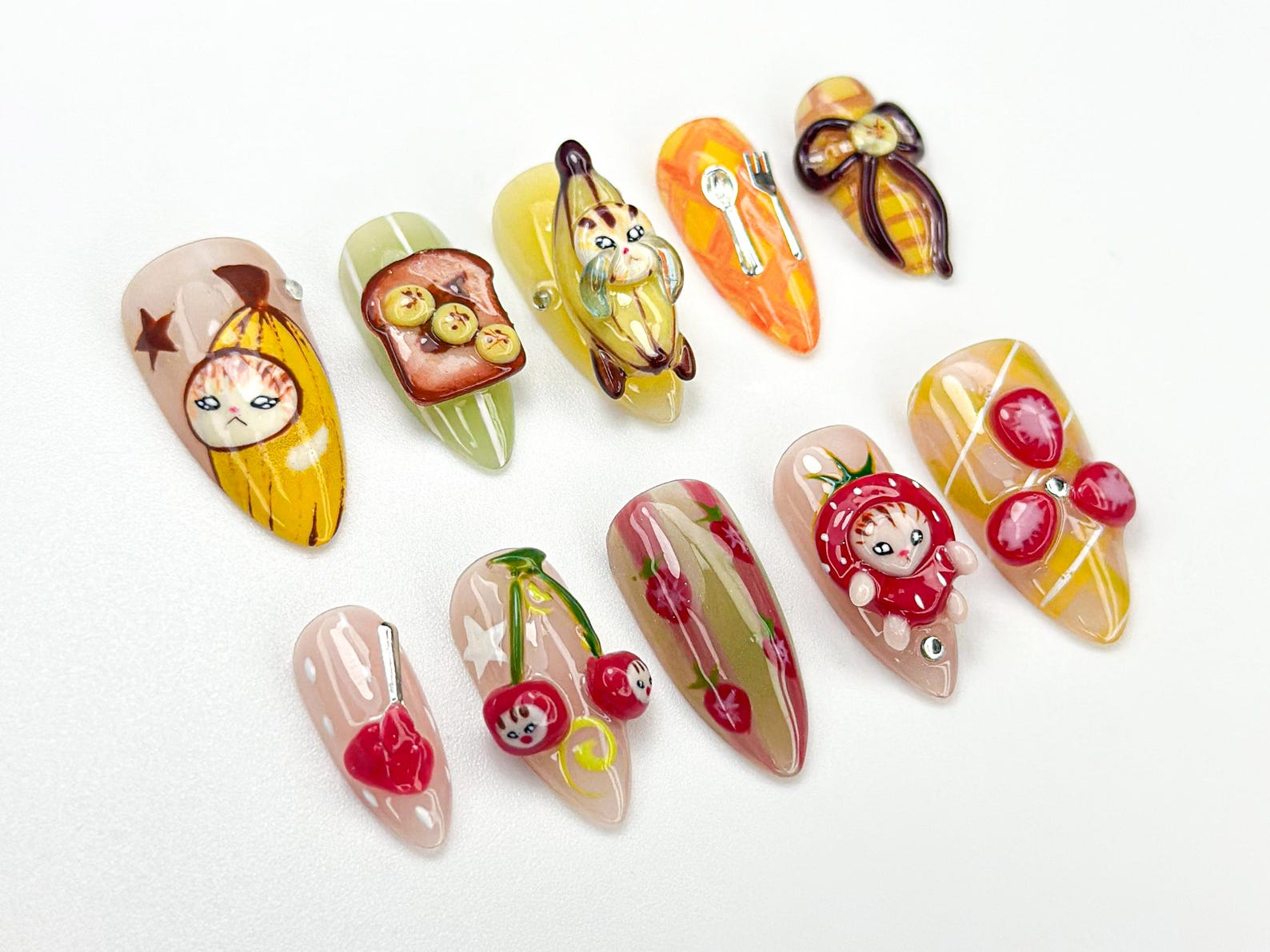Banana Cat Press On Nails | Cute Fruit Nail Art | 3D Food Nails | Kawaii Handmade Press Ons | Quirky Character Nail Design | JB909HC