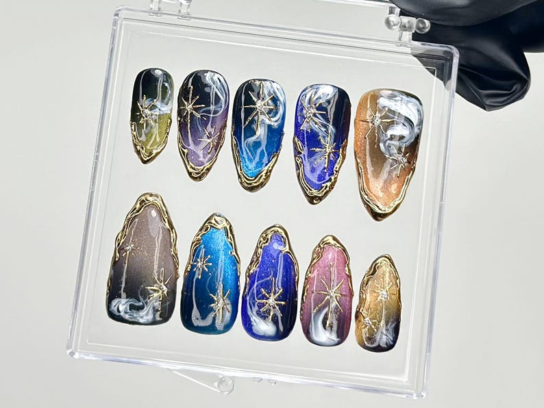 Galaxy Star Press On Nails | Cosmic Nail Set with Gold Stars Fake Nails | Starry Night Nail Art | Galaxy Blue Nails | Luxury Nails | HB916YC