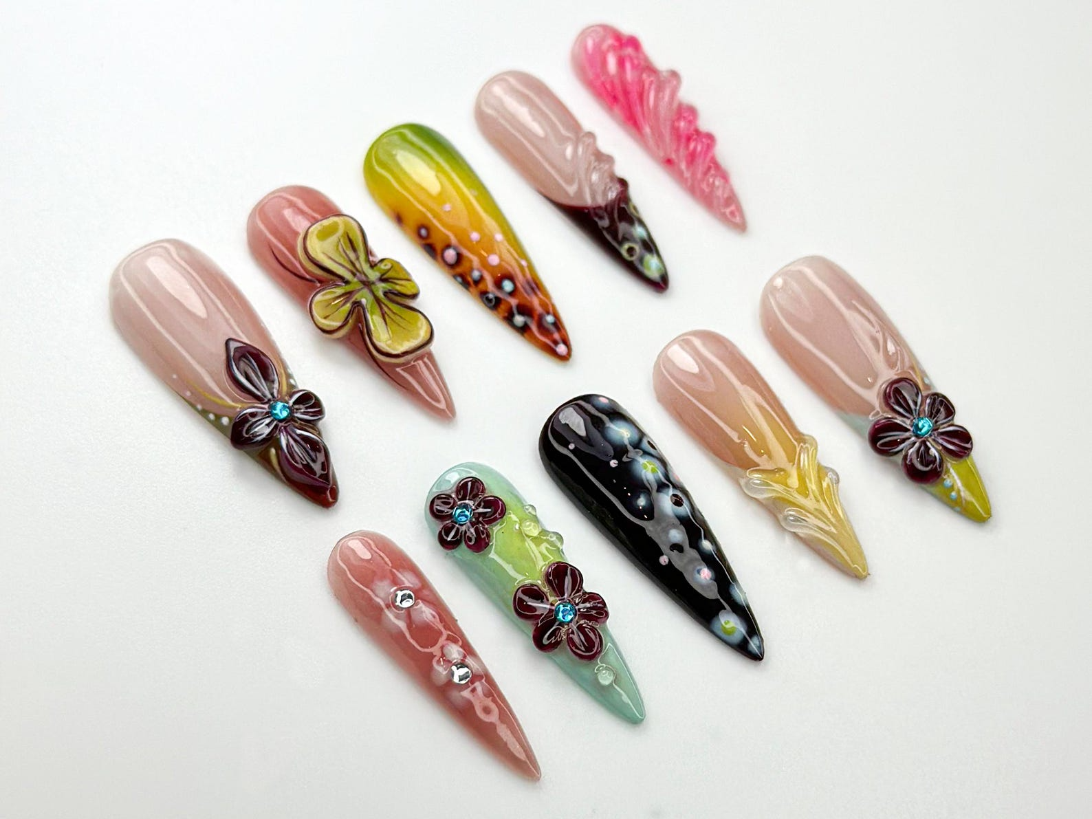 Tropical Sunset Floral Press On Nails | Vibrant Gradient Nail Art | 3D Island Flowers & Ombre Tips | Handmade Summer Nails | JC796HK