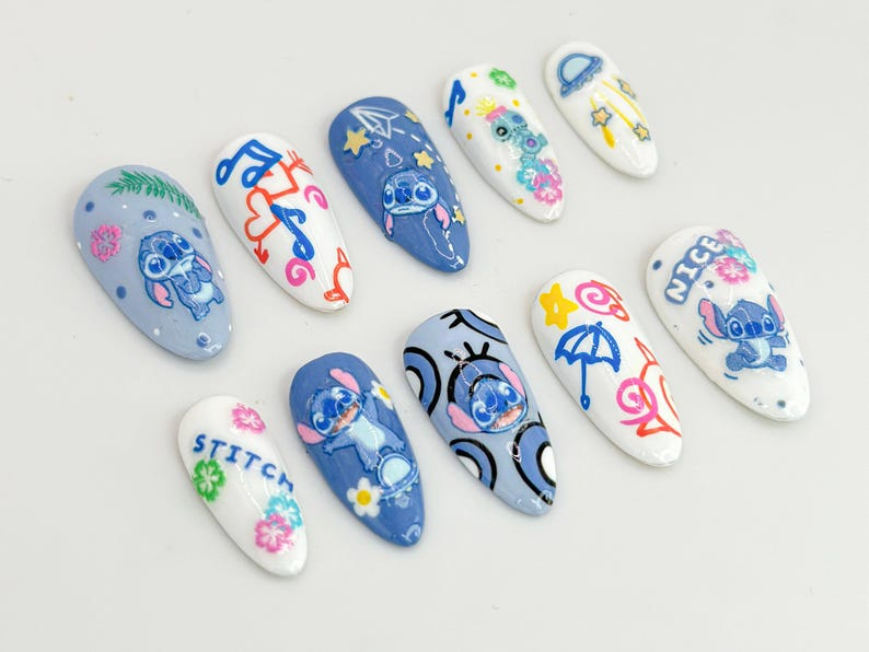 Cute Stitch Cartoon Press-On Nails | Fun Space and Floral Details | Fun and Colorful Stitch Nail Art | For Cartoon Lovers | JC610HC