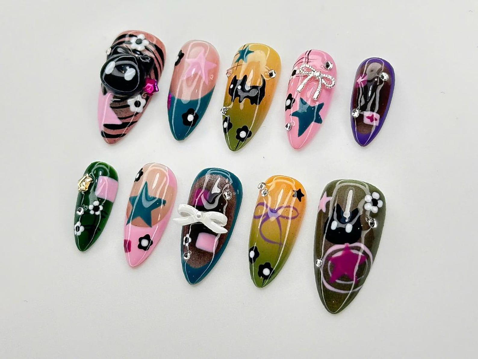 Goth Kawaii Press On Nails | Handmade Black Cat & Star Nail Art | Long Stiletto Glue On Nails | Alternative Aesthetic Gift for Her | JB913DC