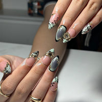 Nude Pink Press On Nails with Black Floral and Gold Charm | 3D Elegant Nails in Almond Shape | Handmade Nails for Party, Wedding | HC1310NC