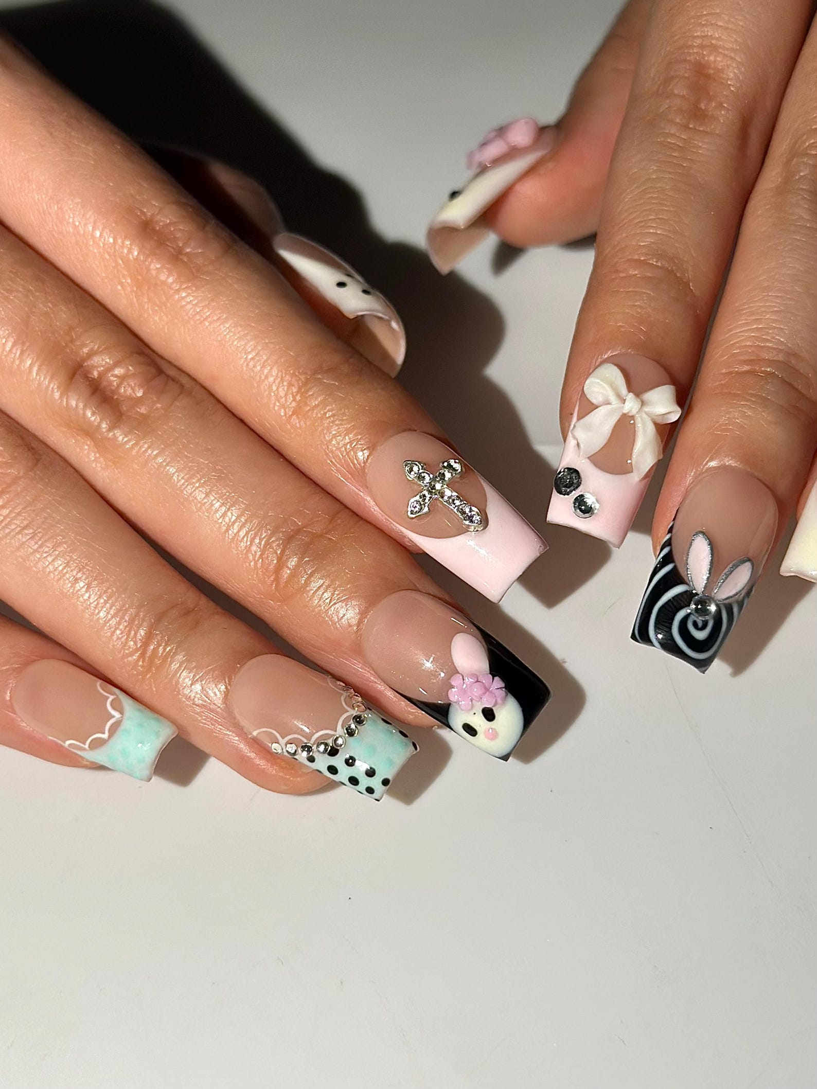 Easter Bunny Cross Press On Nails | Cute 3D Rabbit French Tips | Pastel Spring Kawaii Nails | Pink Black Set | Handmade Press Ons | DC1033HC