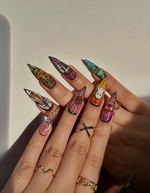 Stained Glass Halloween Press On Nails | Ghost Pumpkin Bat Nail Art | Colorful Spooky Nail Design | Handpainted Halloween Nails | JB111H
