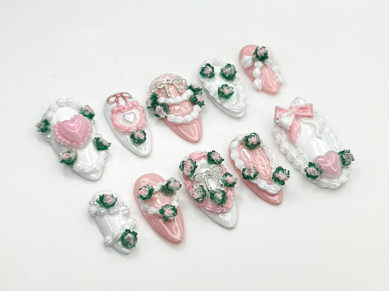 Romance Coquette Pink Press On Nails | 3D Heart Bow Rose Nail Art | Pastel Pink White Cute Nails | Baroque Lolita Press Ons | JB852HC