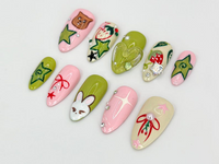 Custom Kawaii Bunny Press-On Nails | Bunny and Star Designs | Pink & Green Nail Set | Adorable Bunny Theme | Handmade Nail Art | JB615HC