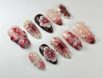 Elegant Red Floral Press On Nails By DoryNailArt | Burgundy & Blush Floral Art | Glossy Handmade Nails | Custom Wedding Nail Art | JC717H