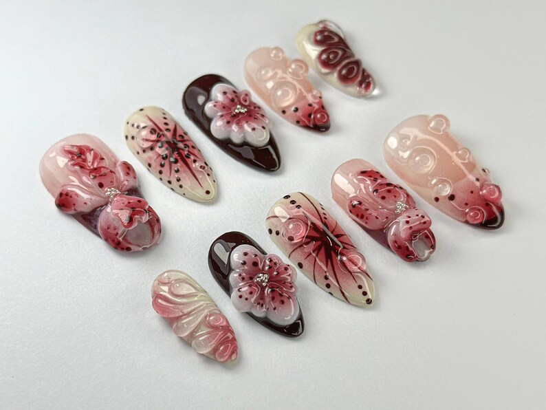 Elegant Red Floral Press On Nails By DoryNailArt | Burgundy & Blush Floral Art | Glossy Handmade Nails | Custom Wedding Nail Art | JC717H